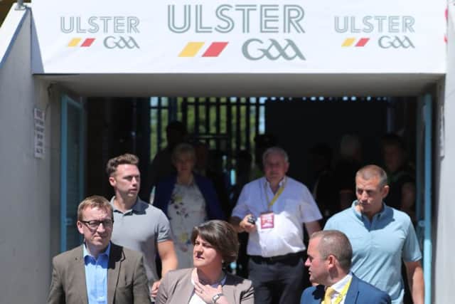 DUP Leader Arlene Foster at the Ulster final between Fermanagh and Donegal in Clones, Co Monaghan, Ireland. PRESS ASSOCIATION Photo. Picture date: Sunday June 24, 2018. Mrs Foster's attendance at a game synonymous with the nationalist tradition marks another symbolic milestone in cross-community engagement in the region. See PA story ULSTER Final. Photo credit should read: Niall Carson/PA Wire