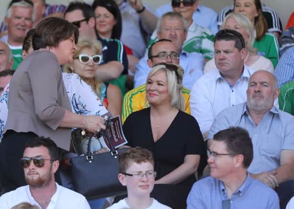DUP leader Arlene Foster and Sinn Fein's Michelle O'Neill  at the Ulster final between Fermanagh and Donegal in Clones, Co Monaghan. Picture: Niall Carson/PA Wire