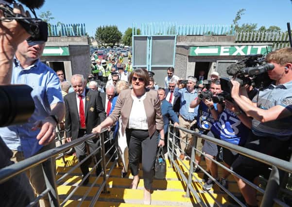 DUP leader Arlene Foster arriving at the Ulster GAA final between Fermanagh and Donegal in Clones, Co Monaghan on Sunday