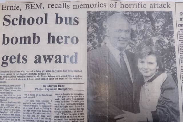 Press coverage of Ernie Wilson, pictured with bus bomb survivor Gillian Latimer