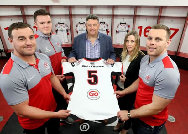 Ulster stars Rob Herring, Jacob Stockdale and Darren Cave join Terry Jackson, Director and General Manager of Kukri Ireland and Ulsters head of sales and marketing, Fiona Hampton, to confirm a five-year extention between the Province and Kukri Sports to cotinue as official kit supplier
