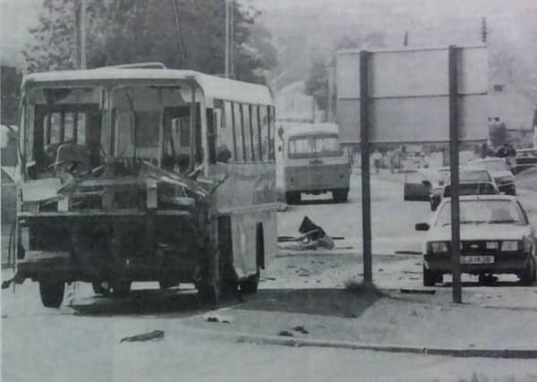 The severely damaged school bus after an IRA bomb in Lisnaskea in June 1988
