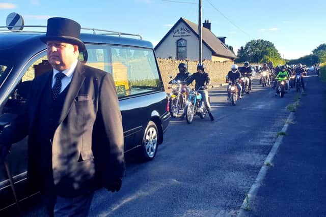 Bikers escort the late Trevor Black from Ian Milne Funeral Parlour on his final journey home