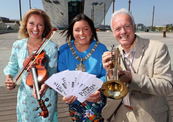 BBC Proms in the Park presenters Claire McCollum and Noel Thompson with Lord Mayor of Belfast, councillor Deirdre Hargey
