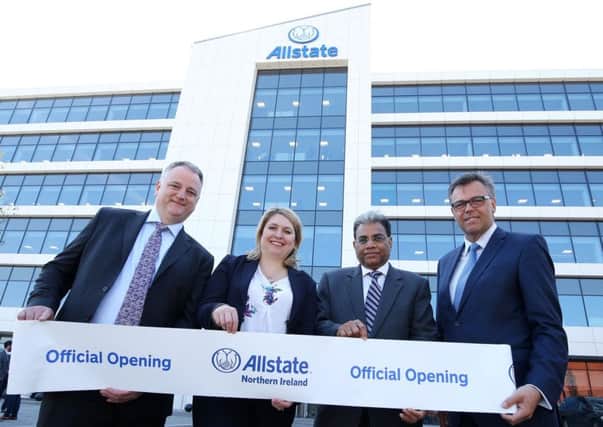 Secretary of State Karen Bradley is pictured with, from left, John Healy and Suren Gupta of Allstate and Invest NI chief executive Alastair Hamilton at the new Allstate building at Mays Meadow, Belfast