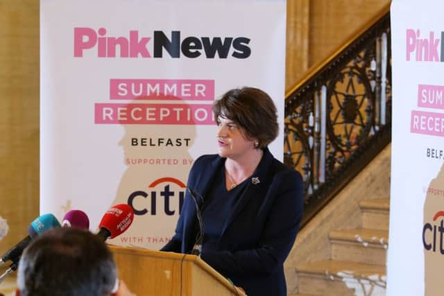 DUP leader Arlene Foster speaks during the inaugural LGBT+ reception at Parliament Buildings Stormont on Thursday night