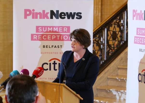 DUP leader Arlene Foster speaks during the inaugural LGBT+ reception at Parliament Buildings Stormont on Thursday night