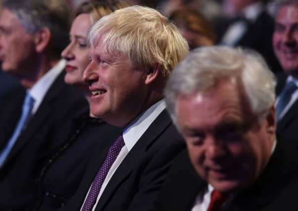 Chancellor Philip Hammond, Home Secretary Amber Rudd, Foreign Secretary Boris Johnson and Brexit Secretary David Davis wait for the Prime Minister Theresa May to give her keynote speech at the Conservative Party Conference at the Manchester Central Convention Complex in Manchester. October 4, 2017.