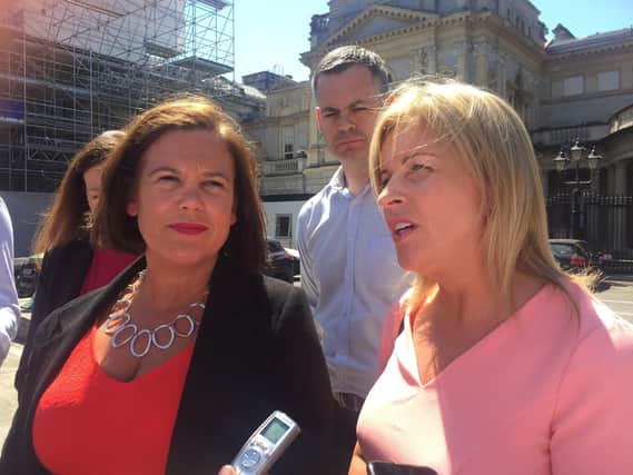 Sinn Fein president Mary-Lou McDonald (left), with Sinn Fein TDs Pearse Doherty and Rose Conway-Walsh, outside Leinster House in Dublin where she said Theresa May needs to be called out for delaying tactics over the lack of progress for the Irish border