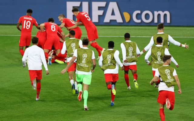 England players celebrate victory against Colombia in the penalty shoot-out during the FIFA World Cup 2018, round of 16 match at the Spartak Stadium, Moscow.  Aaron Chown/PA Wire.