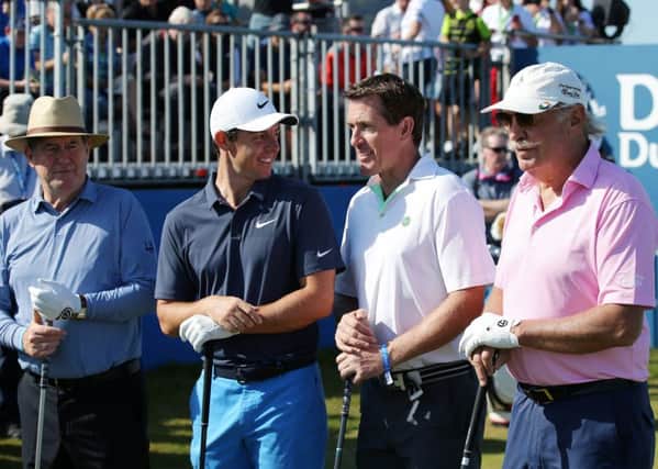 Rory McIlroy on the first tee with Tony McCoy, JP McManus and Dermot Desmond at the Pro-Am at Ballyliffin.  Photo by Kelvin Boyes / Press Eye.