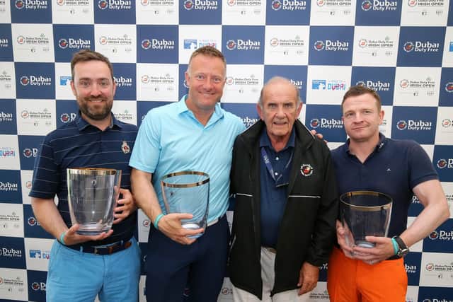 Barry McGrath, Philip McEnroe and Mark Murnane pictured with Colm McLoughlin from Dubai Duty Free at the Dubai Duty Free Irish Open Pro-Am which was held at Ballyliffin Golf Club, Co. Donegal