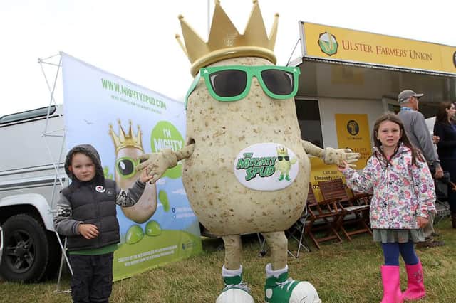 Ben and Laura pictured with the Ulster Farmers Union 'Mighty Spud' at the County Londonderry Agricultural Show on Saturday. INLV2816-511KDR
