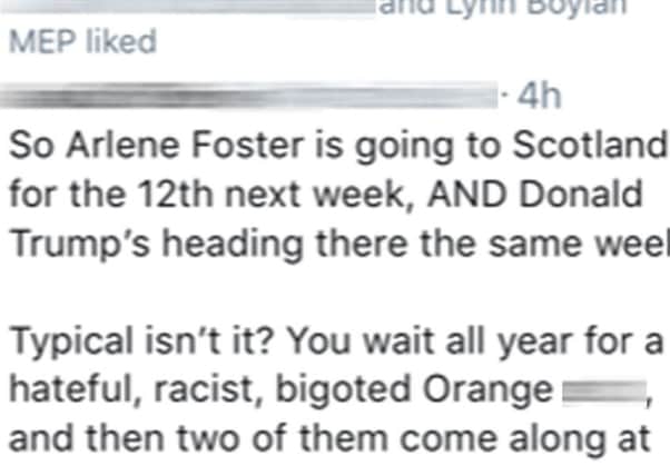 Screengrab of an offensive tweet about DUP leader Arlene Foster that was liked by Sinn Fein MEP Lynn Boylan.