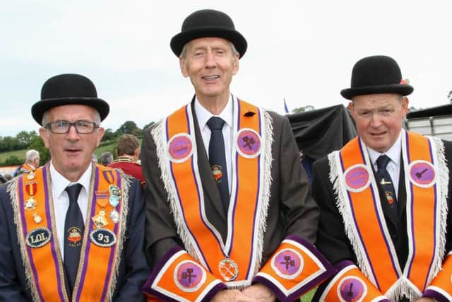 Bro David Morrison, Worshipful Master, Bro Wesley Ross and Bro John Morrison of LOL 93 Coalisland Faith Defenders.