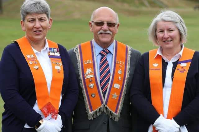 Twelfth Parade in Castlederg Co Tyrone  (L-R) Irene Kerrigan WLOL 202 Castlederg, Fred Gilchrist LOL 377 District No 12 and Joan Magee WLOL 202 Castlederg. Picture by Brian Little