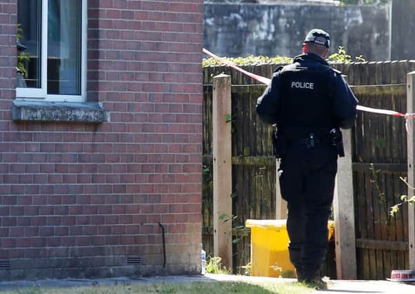 The scene at Millmount Court in Banbridge where the body of man in his 50s was found late on Monday afternoon. Pic by Jonathan Porter/PressEye