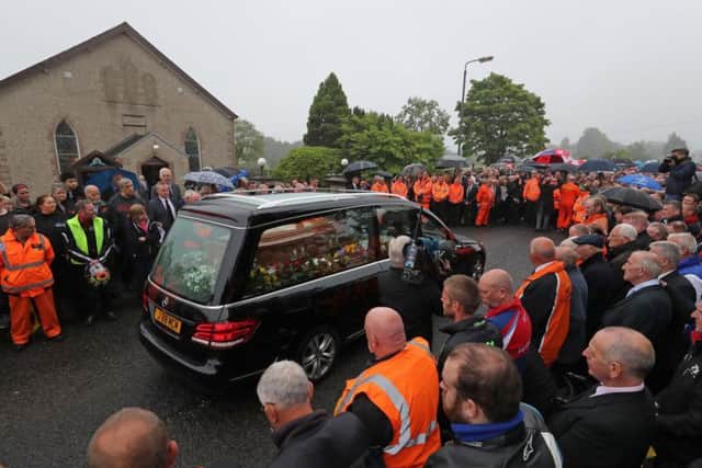The funeral of Road Racing champion William Dunlop takes place at Garryduff Presbyterian Church, Ballymoney after he died in a crash during practice for the Skerries 100 in County Dublin.