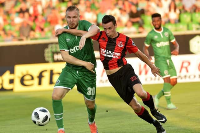 Wednesday 11th July 2018
UEFA Champions League First Qualifying Round First Leg between PFC Ludogorets Razgrad and Crusaders FC .
Ludogorets Cosmin losif Moti in action with Crusaders Paul Heatley
Mandatory Credit: Inpho/Stephen Hamilton