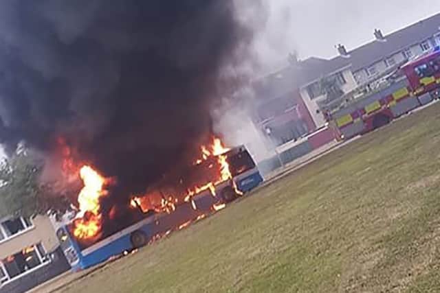 A bus that was hijacked and set alight on Wednesday evening in Newtownard's West Winds estate. PACEMAKER BELFAST