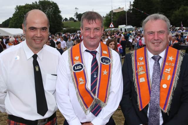 Rodney Kelly, Maguiresbridge Pipe Band with Bro. Maurice Presho, LOL 736 and Bro. Winston Hogg, LOL 623, during the Twelfth Celebrations in Brookeborough, Co.Fermanagh.
Picture by John McVitty