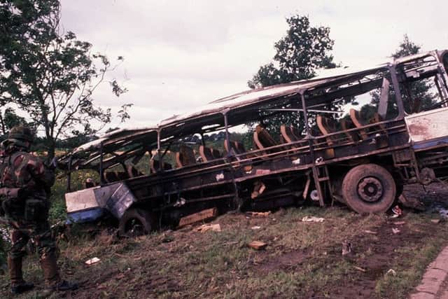 The remains of the army bus that James was travelling in when it was blown up by the IRA on 20 August 1988 at Ballygawley. Photo: Pacemaker