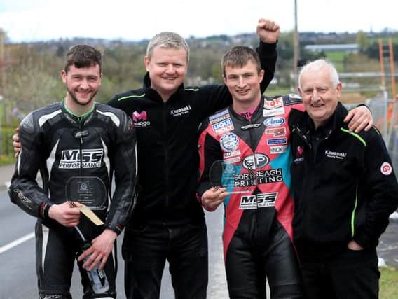 Adam McLean (left) with Jason McAdoo, James Cowton and Winston McAdoo at the Cookstown 100 in April.