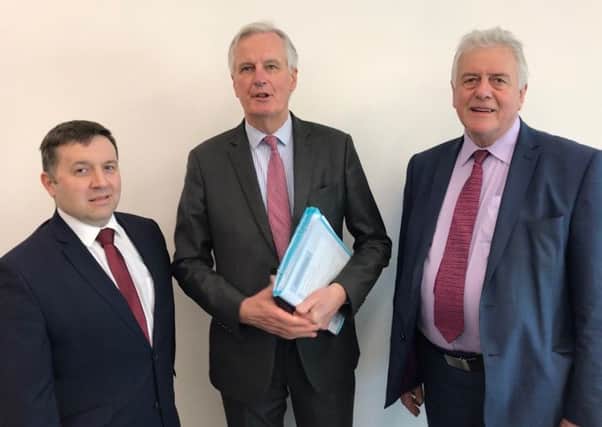 Ulster Unionist MEP Jim Nicholson, right, with his party leader Robin Swan, left, in a recent meeting with the EU Brexit chief negotiator Michel Barnier
