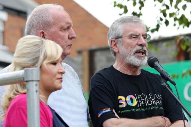 Michelle ONeill was at a street demonstration with Gerry Adams and Bobby Storey just before the Commons votes on Monday