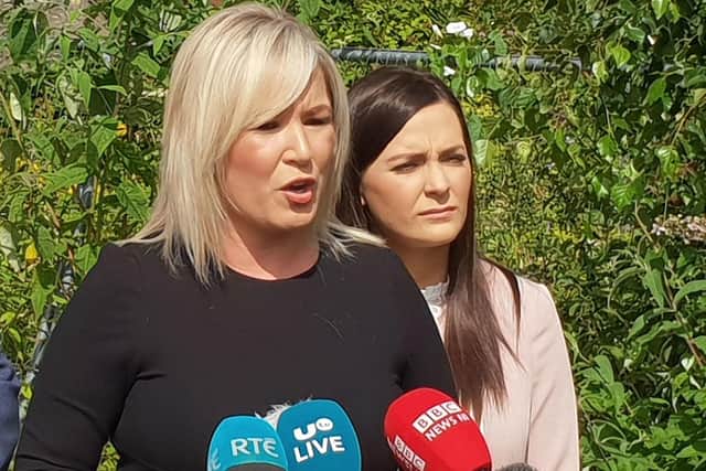 Sinn Fein Northern Ireland leader Michelle O'Neill speaks to media at a press conference in Coalisland, Co Tyrone, ahead of Prime Minister Theresa May's visit.