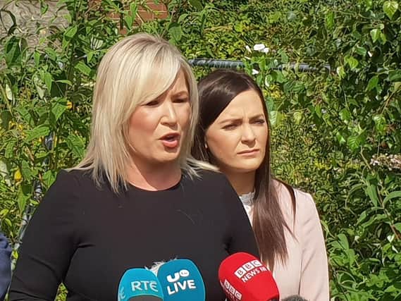 Sinn Fein Northern Ireland leader Michelle O'Neill speaks to media at a press conference in Coalisland, Co Tyrone, ahead of Prime Minister Theresa May's visit.