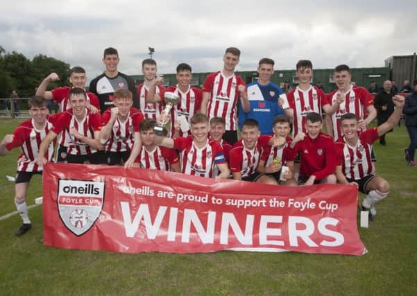 .Derry City under-19s, winners of the 2018 Foyle Cup at Newbuildings, after defeating Trojans 3-0 in the final