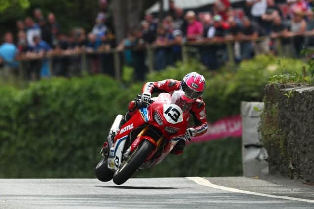 Honda Racing's Lee Johnston in action at Union Mills at the Isle of Man TT.