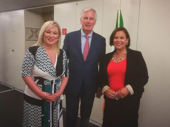Sinn Fein's Michelle O'Neill (left) and Mary Lou McDonald with Michel Barnier in Brussels