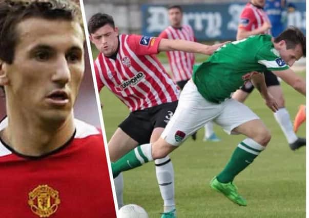 Liam Miller during his time with Manchester United and (right - in green) playing for Cork City against Derry City in the Brandywell Stadium.