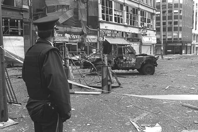 The scene after two UDR soldiers were killed in an IRA bomb attack in Belfast city centre in 1987
