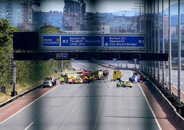 The scene of Sundays fatal crash on the city-bound carriageway of the M2 motorway in Belfast which left one man dead and several other people injured. Pic by Jonathan Porter, PressEye