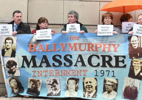 Families outside Belfast Court in April at a previous preliminary hearing of an inquest into the Ballymurphy killings: Picture: Colm Lenaghan/Pacemaker