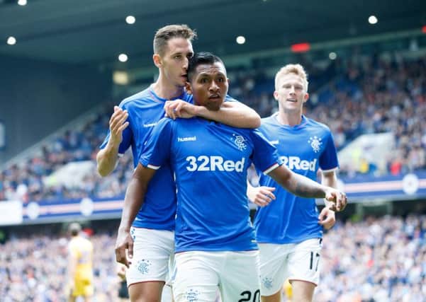 Rangers' Alfredo Morelos celebrates scoring his side's first goal of the game against Wigan