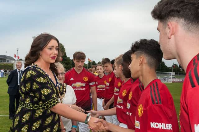 Meeting the Man Utd squad on Friday evening is the the Mayor of Mid and East Antrim, Cllr Lindsay Millar.