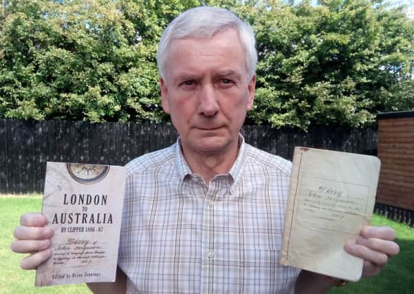Retired university professor Brian Jennings with a copy of 'London to Australia By Clipper 1886 - 87' and the diary of his great-great-uncle John Ferguson, which he edited to create the book.