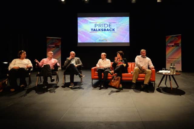 Politicians from L-R Mary Lou McDonald (Sinn Fein), Billy Hutchinson (PUP), John Blair (Alliance), Stephen Agnew (Green Part) , Claire Hanna (SDLP) and Doug Beattie (UUP)  take question on gay issues during the Pride Talks back event at the Mac in Belfast on Monday