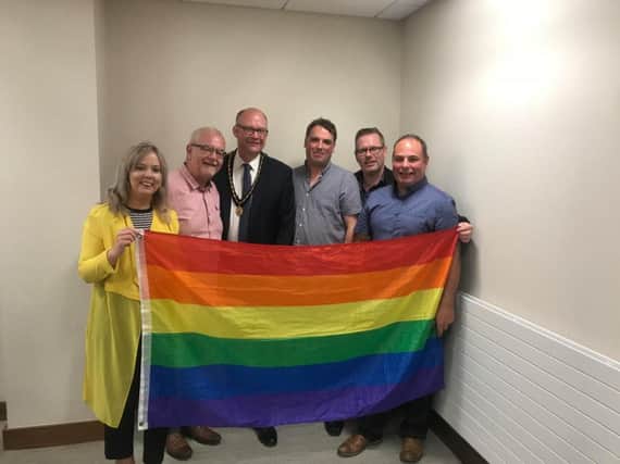 Sinn Fein councillors after they won a motion to fly the Rainbow Flag on Civic Buildings in the Armagh, Banbridge and Craigavon Council area