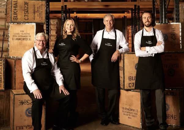 Tea producing cousins David, seated, and Ross Thompson join fourth generation members of the business; Jamie Thompson, Rosss son, and Camille Thompson, Davids daughter to celebrate hitting 100 Great Taste stars