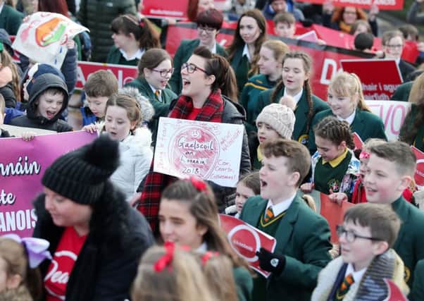 Schoolchildren at Stormont earlier this year at a demonstration calling for an Irish language act