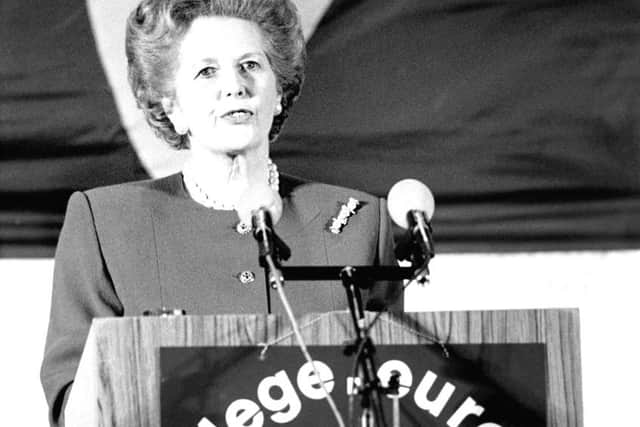 Prime Minister Margaret Thatcher giving her famous Eurosceptic speech to an international audience at the College of Europe in the Belgian town of Bruges in September 1988. Photo: Rebecca Naden/PA Wire