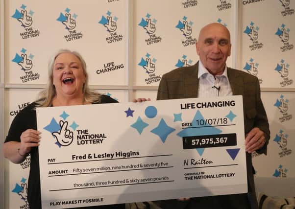 Fred, 67, and Lesley Higgins, 57 Aberdeenshire celebrate after winning Â£57.9 million on the National Lottery EuroMillions draw.