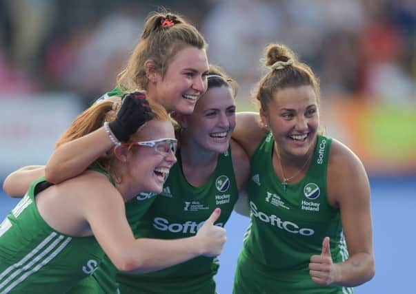 Ireland Women's Zoe Wilson, Deirdre Duke, Roisin Upton and Elena Tice celebrate following World Cup quarter-final success over India.