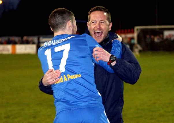 Newry City AFC manager Darren Mullen celebrating the club's promotion into the Premiership. Pic by PressEye Ltd.
