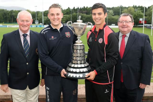 Ready for the GMcG Mens Junior Cup final are, from left, Clarence Hiles (NCU president), Ross Bryans (Templepatrick), Andrew Magee (Cliftonville Academy) and Tony Nicholl (GMcG). Pic by PressEyeLtd.